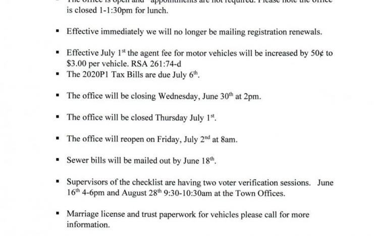 Town Clerk -Tax Collectors Office is closed July 1st 2021